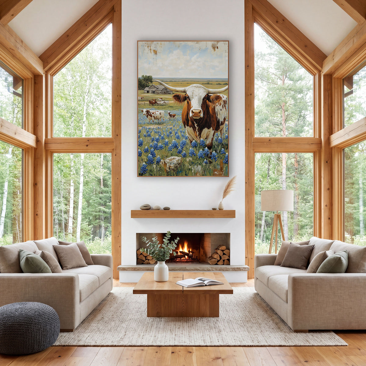 Longhorn Bluebonnet Field Farmhouse wall art in a farmhouse-style room – rust and white longhorn steer standing