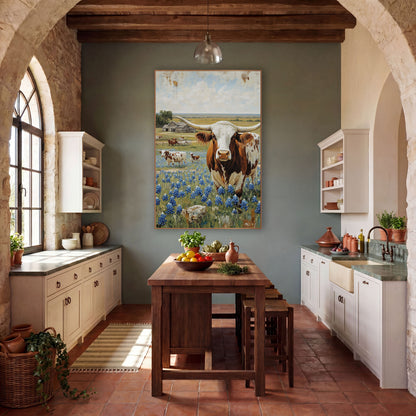 Longhorn Bluebonnet Field Farmhouse wall art in a farmhouse-style room – rust and white longhorn steer standing