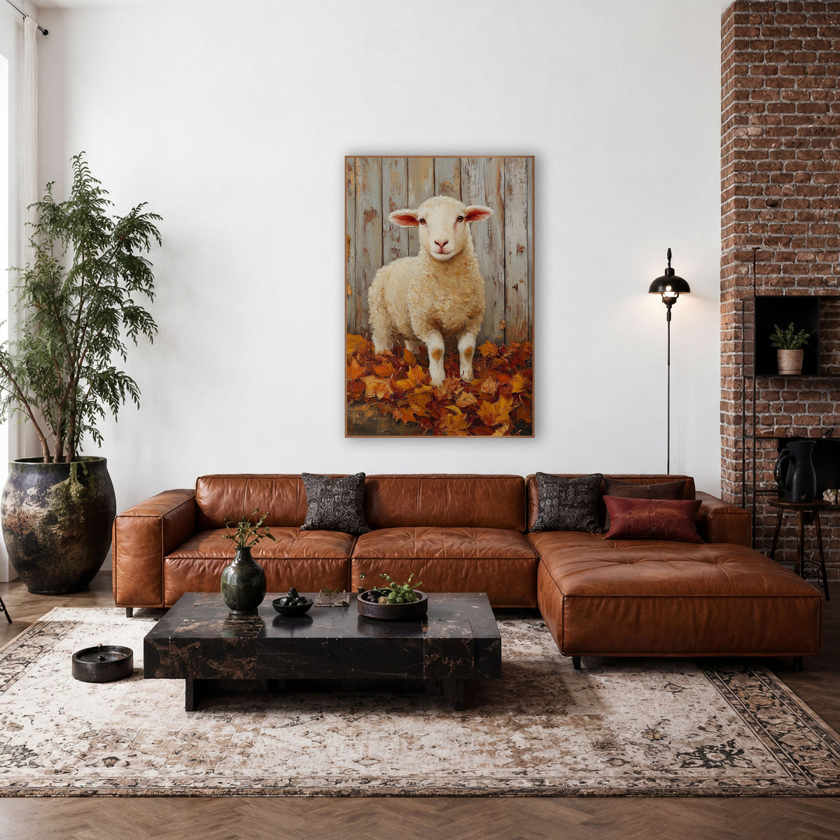 Autumn Lamb Barn Farmhouse wall art in a farmhouse-style room – young white lamb with pink ears standing in orange