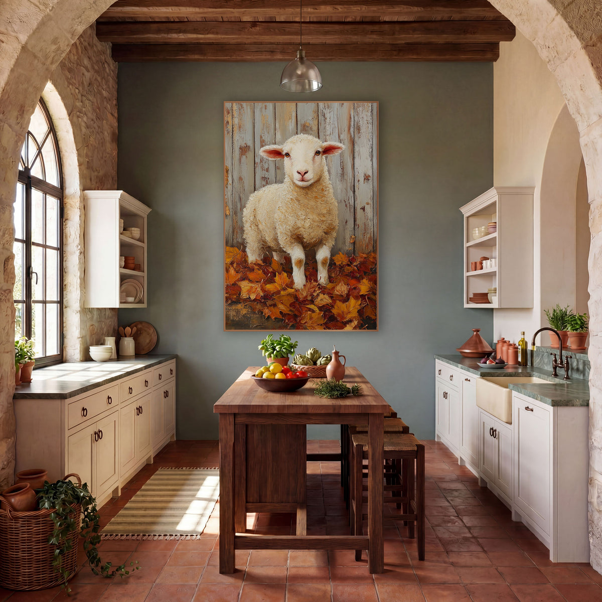 Autumn Lamb Barn Farmhouse wall art in a farmhouse-style room – young white lamb with pink ears standing in orange