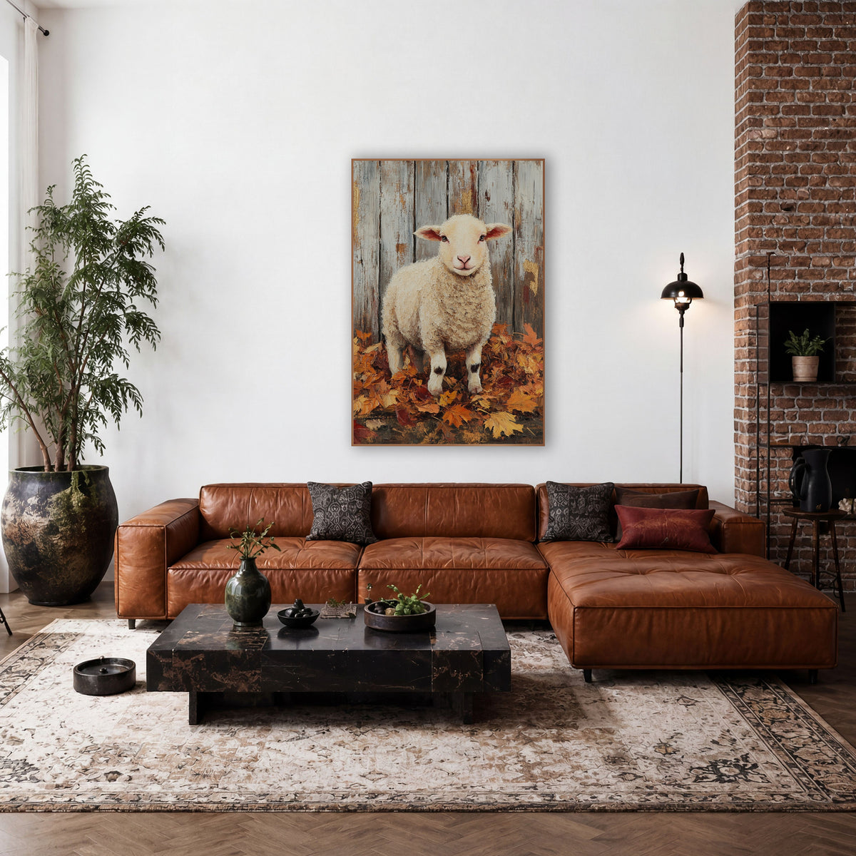Cream Lamb Autumn Leaves Farmhouse wall art in a farmhouse-style room – cream lamb with pink ears standing in autumn