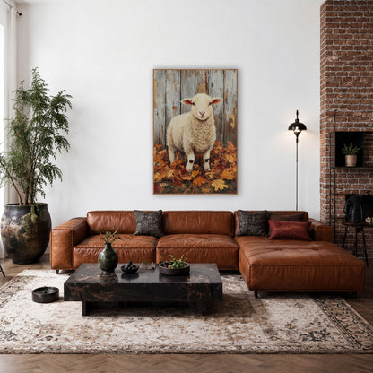 Cream Lamb Autumn Leaves Farmhouse wall art in a farmhouse-style room – cream lamb with pink ears standing in autumn