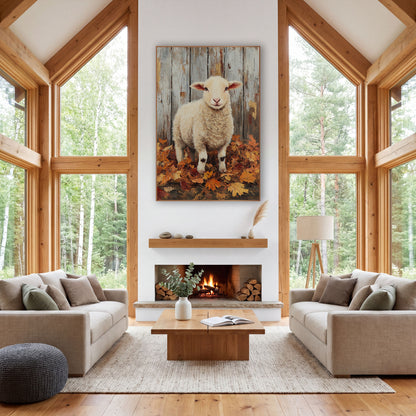 Cream Lamb Autumn Leaves Farmhouse wall art in a farmhouse-style room – cream lamb with pink ears standing in autumn