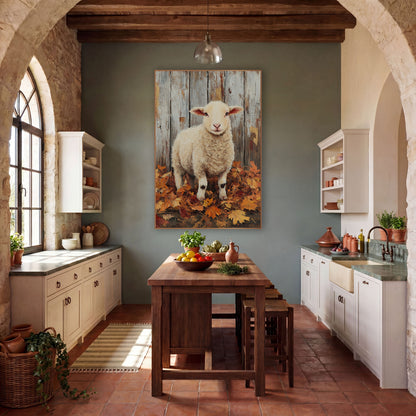 Cream Lamb Autumn Leaves Farmhouse wall art in a farmhouse-style room – cream lamb with pink ears standing in autumn