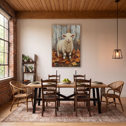 Cream Lamb Autumn Leaves Farmhouse wall art in a farmhouse-style room – cream lamb with pink ears standing in autumn