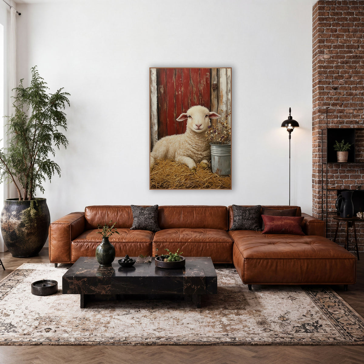 Resting Lamb Red Barn Farmhouse wall art in a farmhouse-style room – cream lamb resting in straw beside a weathered