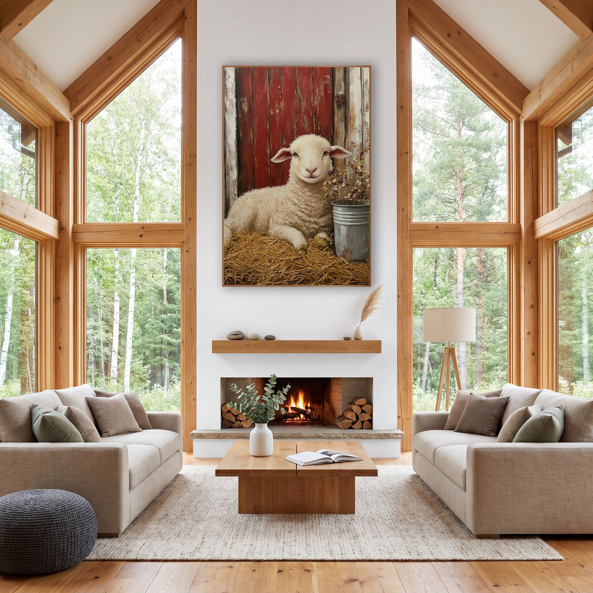 Resting Lamb Red Barn Farmhouse wall art in a farmhouse-style room – cream lamb resting in straw beside a weathered