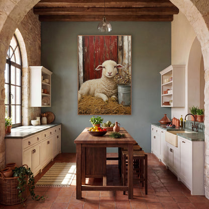Resting Lamb Red Barn Farmhouse wall art in a farmhouse-style room – cream lamb resting in straw beside a weathered