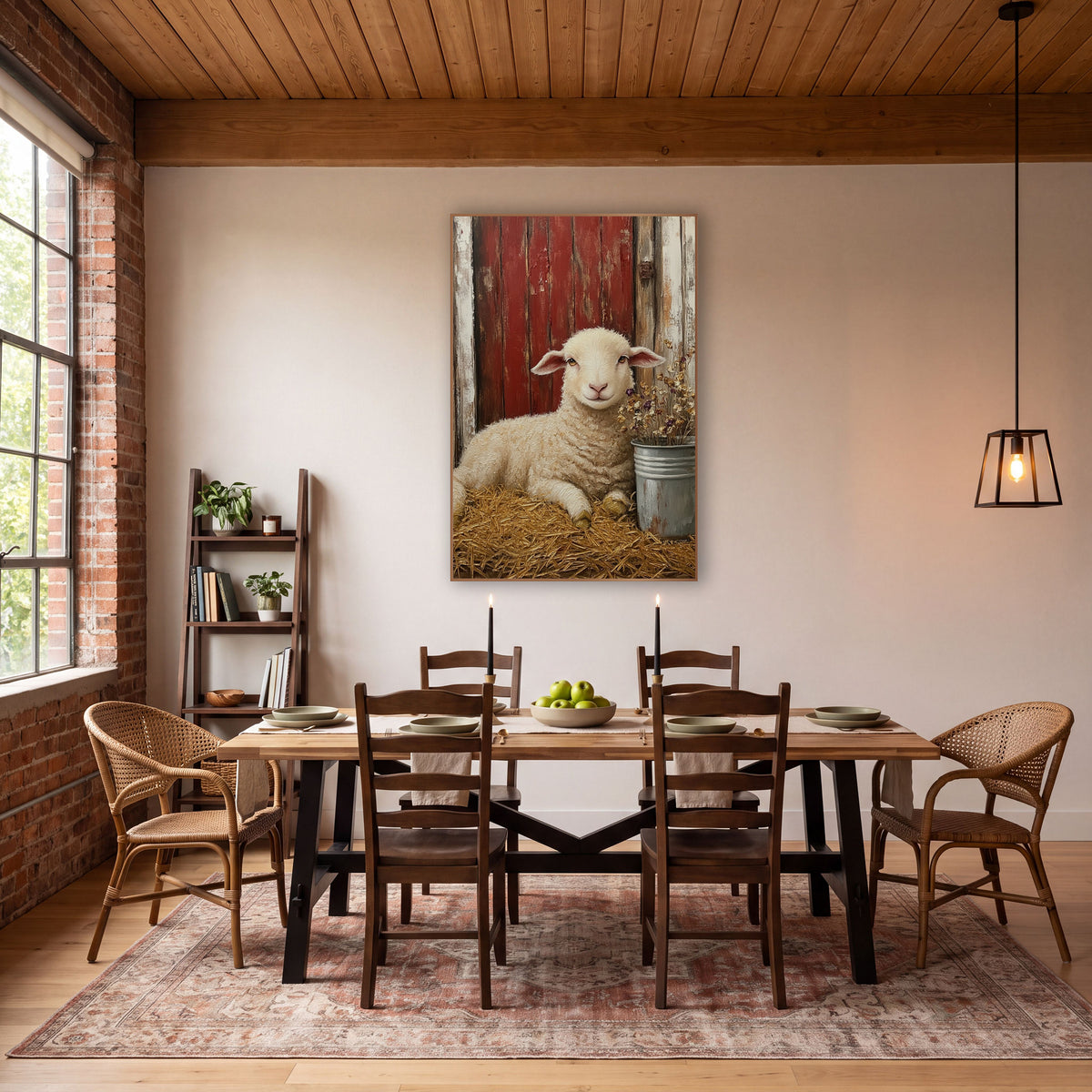 Resting Lamb Red Barn Farmhouse wall art in a farmhouse-style room – cream lamb resting in straw beside a weathered