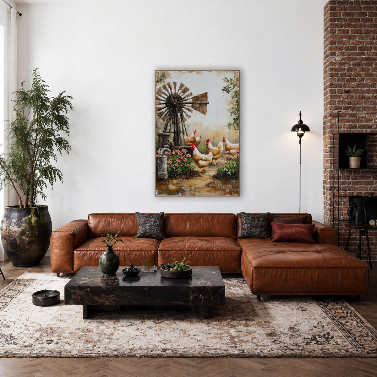 Farmyard Hens and Windmill Farmhouse wall art in a farmhouse-style room – four cream and caramel hens walking past
