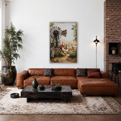 Farmyard Hens and Windmill Farmhouse wall art in a farmhouse-style room – four cream and caramel hens walking past