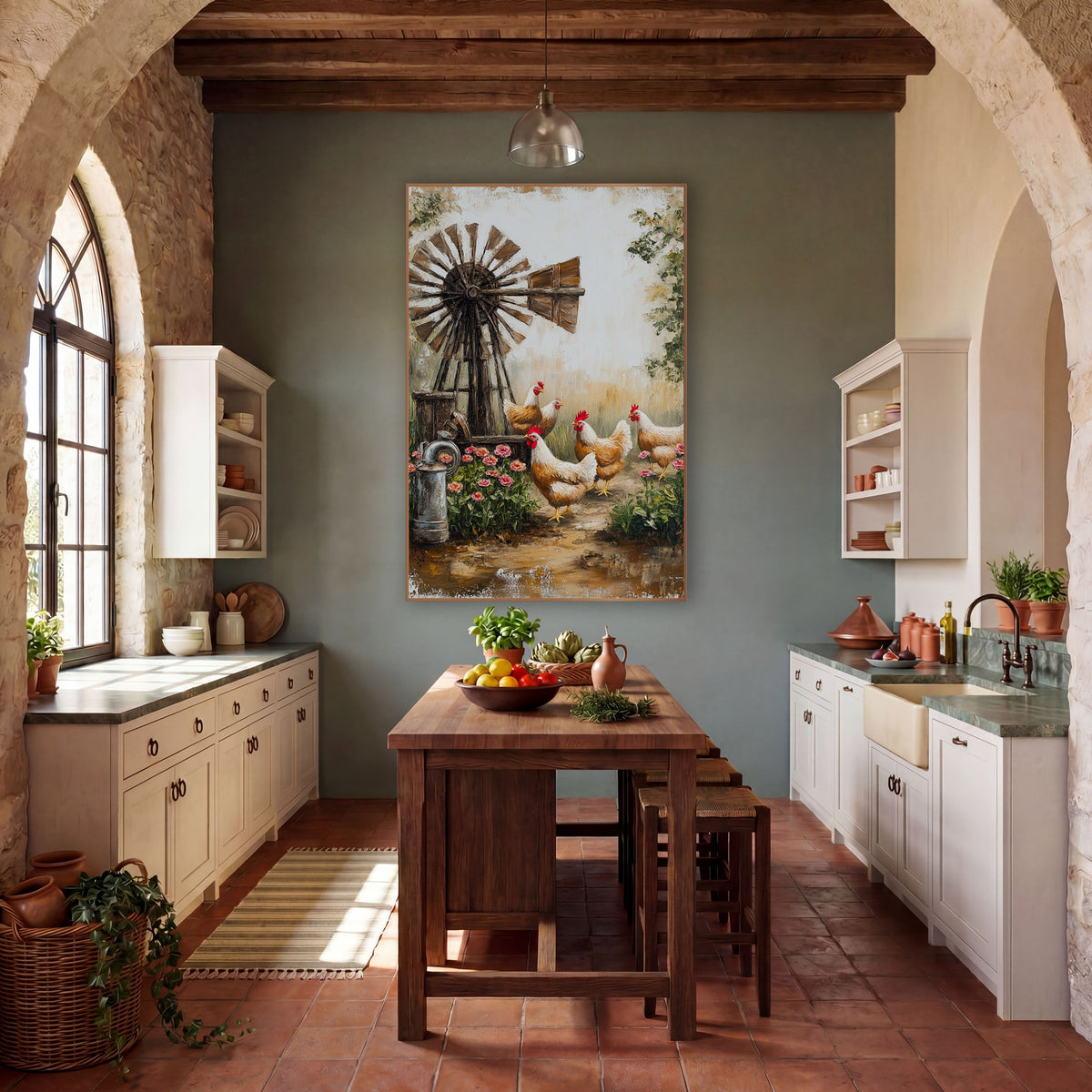 Farmyard Hens and Windmill Farmhouse wall art in a farmhouse-style room – four cream and caramel hens walking past