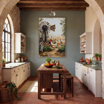 Farmyard Hens and Windmill Farmhouse wall art in a farmhouse-style room – four cream and caramel hens walking past