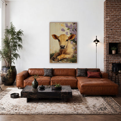 Honey Calf Right Lilac Cluster Painterly wall art in a farmhouse-style room – golden calf lying beside purple lilac