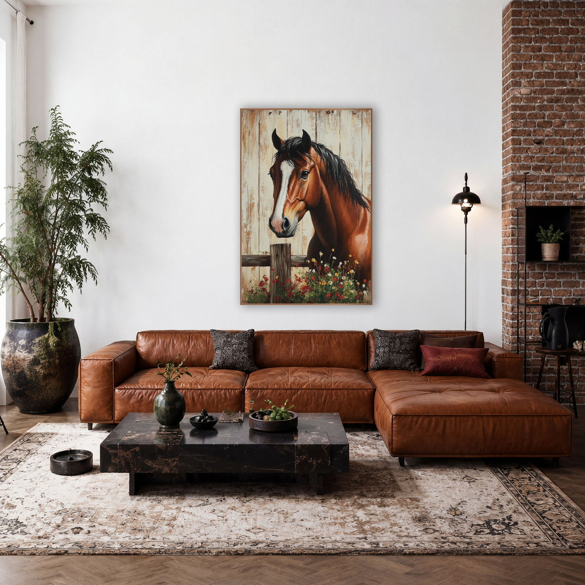 Whiteblaze Chestnut Horse Red Poppy Rustic wall art in a farmhouse-style room – chestnut horse with white stripe