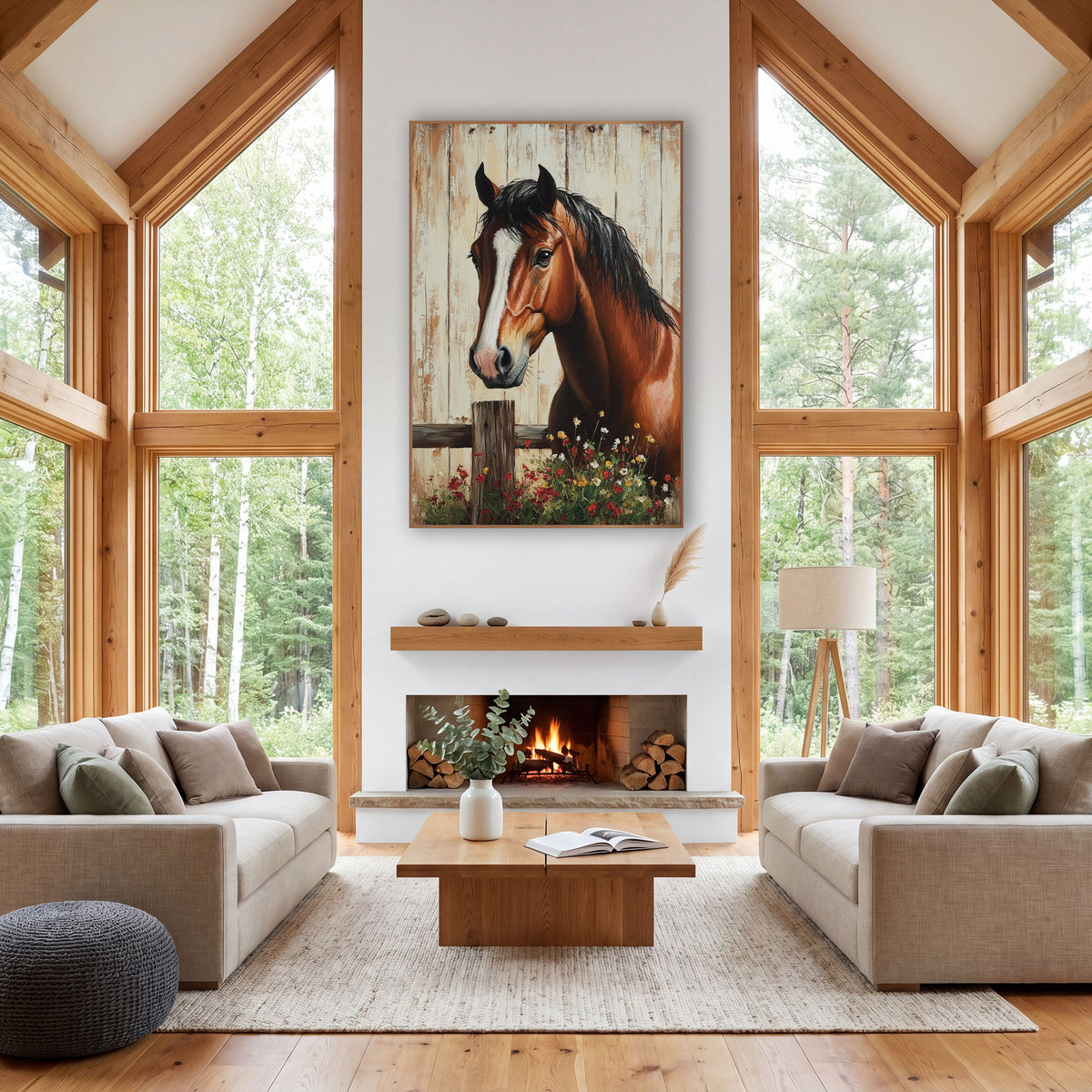 Whiteblaze Chestnut Horse Red Poppy Rustic wall art in a farmhouse-style room – chestnut horse with white stripe