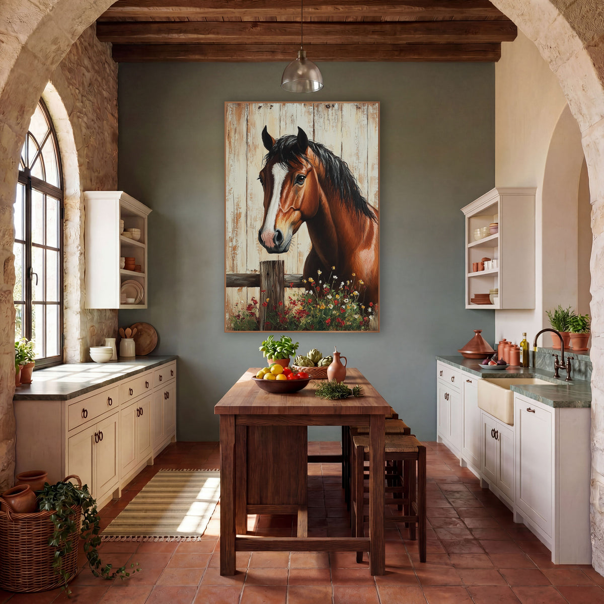 Whiteblaze Chestnut Horse Red Poppy Rustic wall art in a farmhouse-style room – chestnut horse with white stripe