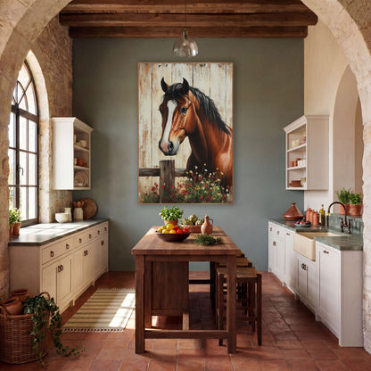 Whiteblaze Chestnut Horse Red Poppy Rustic wall art in a farmhouse-style room – chestnut horse with white stripe