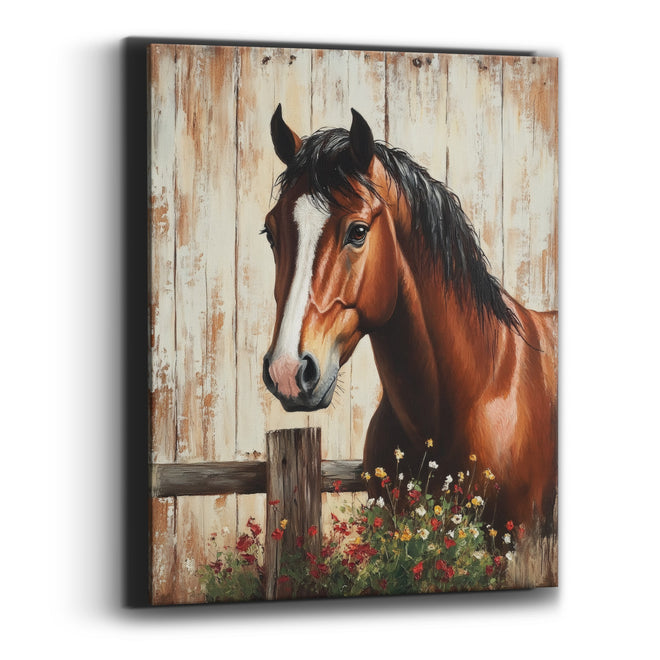 Whiteblaze Chestnut Horse Red Poppy Rustic Canvas Wall Art