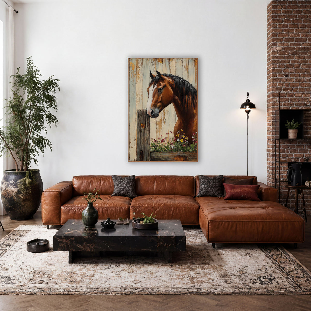 Sideview Chestnut Horse Flower Trough Rustic wall art in a farmhouse-style room – chestnut horse with white blaze
