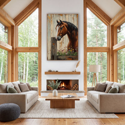 Sideview Chestnut Horse Flower Trough Rustic wall art in a farmhouse-style room – chestnut horse with white blaze