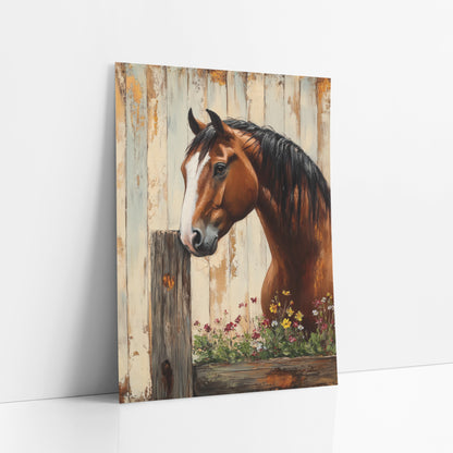 Sideview Chestnut Horse Flower Trough Rustic art print leaning against a white wall – chestnut horse with white blaze