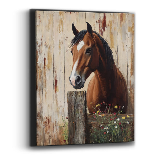 Chestnut Horse at Weathered Fence Canvas Wall Art