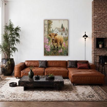 Frontal Highland Cow Meadow Hollyhock Impressionist wall art in a farmhouse-style room – shaggy ginger highland cow