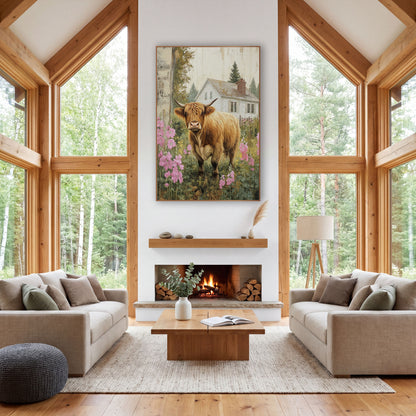 Frontal Highland Cow Meadow Hollyhock Impressionist wall art in a farmhouse-style room – shaggy ginger highland cow