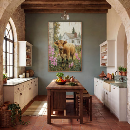 Frontal Highland Cow Meadow Hollyhock Impressionist wall art in a farmhouse-style room – shaggy ginger highland cow