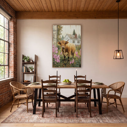 Frontal Highland Cow Meadow Hollyhock Impressionist wall art in a farmhouse-style room – shaggy ginger highland cow