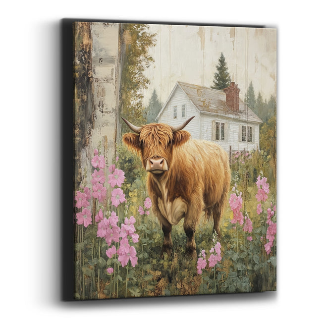 Frontal Highland Cow Meadow Hollyhock Impressionist Canvas Wall Art
