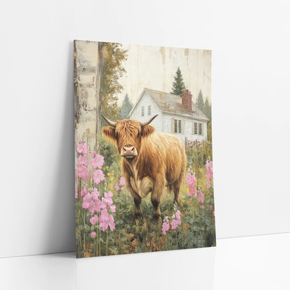 Frontal Highland Cow Meadow Hollyhock Impressionist art print leaning against a white wall – shaggy ginger highland cow