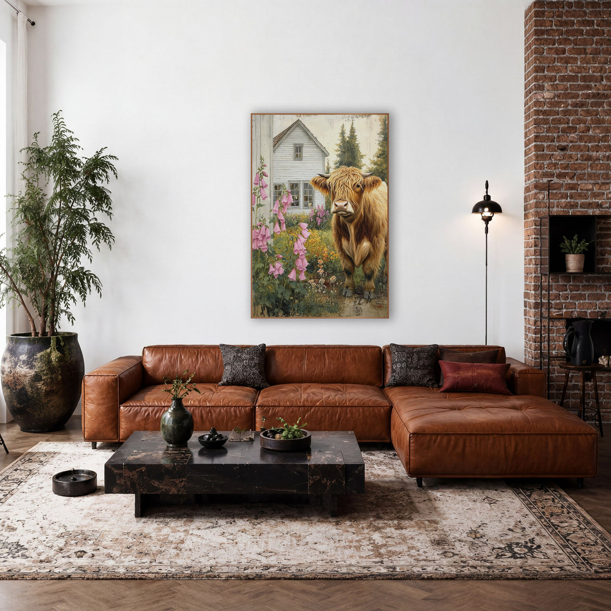 Highland Cow Pink Foxglove Cottage Yard wall art in a farmhouse-style room – golden Highland cow with horns standing