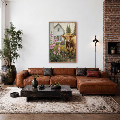 Highland Cow Pink Foxglove Cottage Yard wall art in a farmhouse-style room – golden Highland cow with horns standing