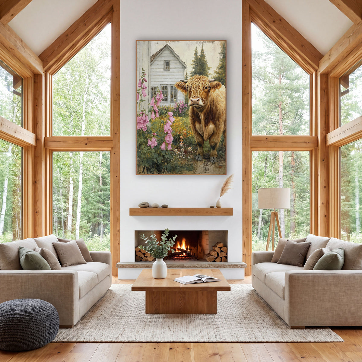 Highland Cow Pink Foxglove Cottage Yard wall art in a farmhouse-style room – golden Highland cow with horns standing