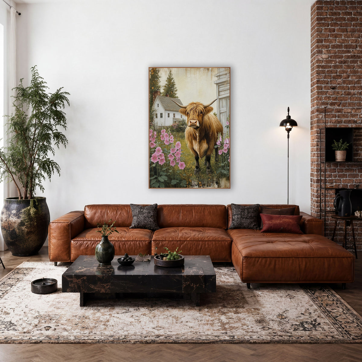 Highland Cow Beside Whitewashed Barn Hollyhocks wall art in a farmhouse-style room – highland cow with long horns