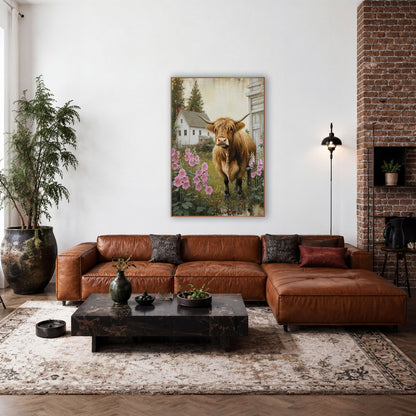 Highland Cow Beside Whitewashed Barn Hollyhocks wall art in a farmhouse-style room – highland cow with long horns