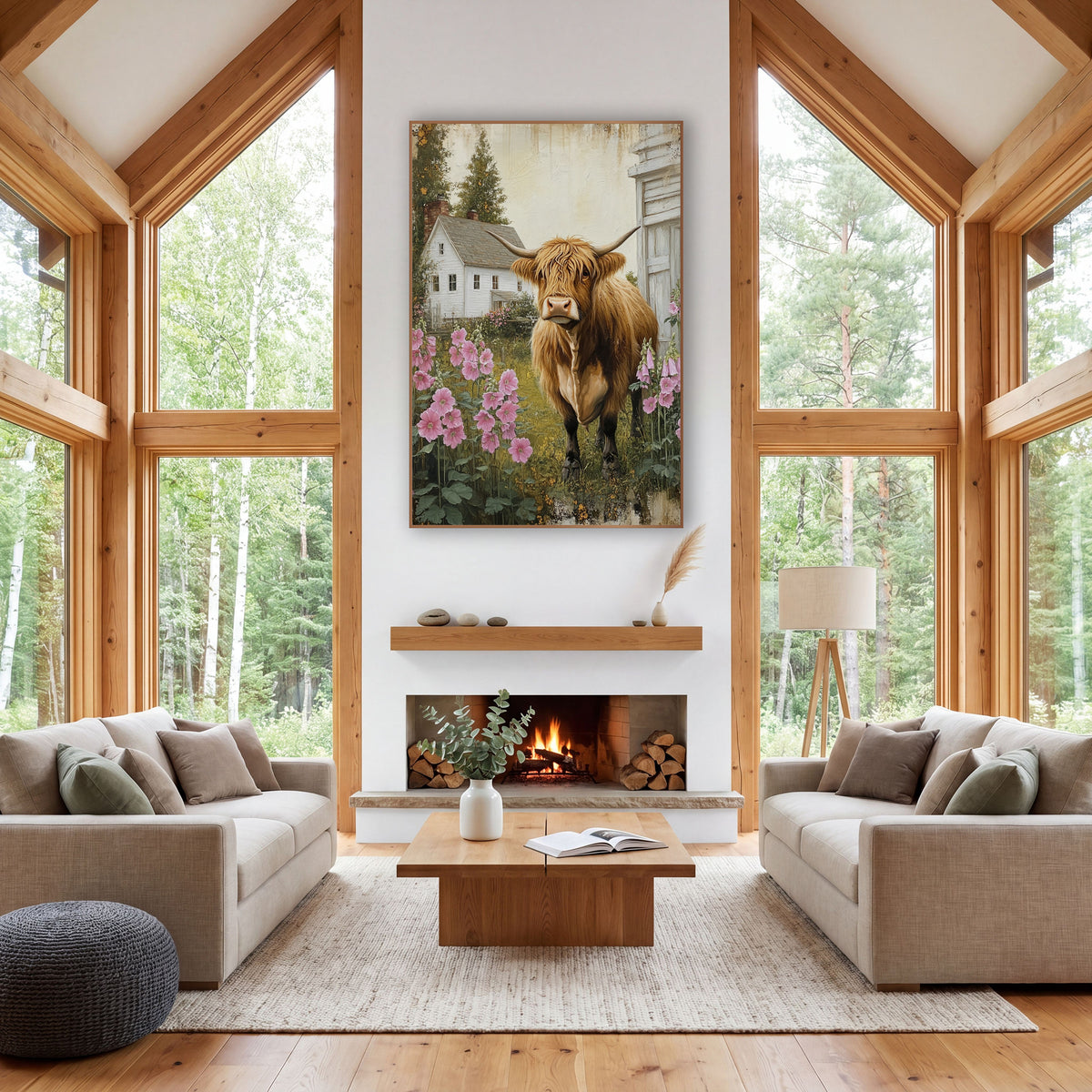 Highland Cow Beside Whitewashed Barn Hollyhocks wall art in a farmhouse-style room – highland cow with long horns
