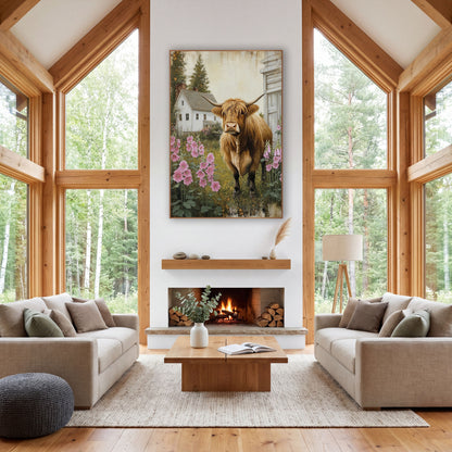 Highland Cow Beside Whitewashed Barn Hollyhocks wall art in a farmhouse-style room – highland cow with long horns