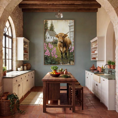 Highland Cow Beside Whitewashed Barn Hollyhocks wall art in a farmhouse-style room – highland cow with long horns