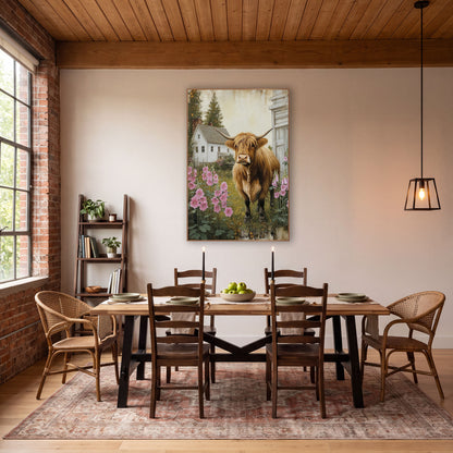 Highland Cow Beside Whitewashed Barn Hollyhocks wall art in a farmhouse-style room – highland cow with long horns