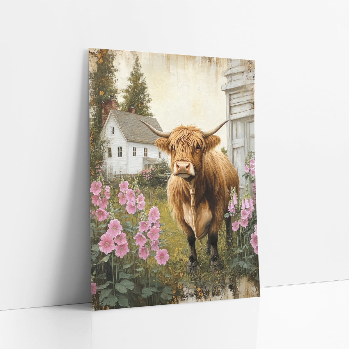 Highland Cow Beside Whitewashed Barn Hollyhocks art print leaning against a white wall – highland cow with long horns
