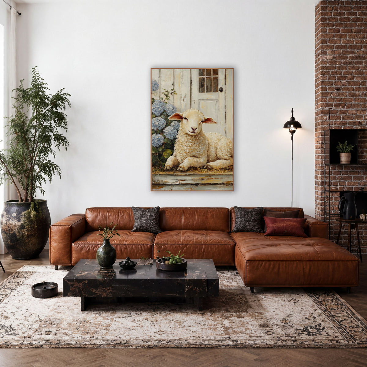 Resting Lamb Hydrangea Farmhouse wall art in a farmhouse-style room – cream lamb resting on a worn porch step