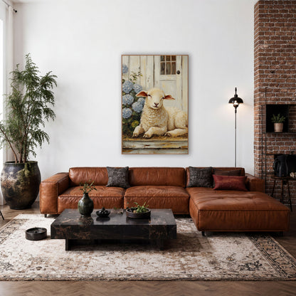 Resting Lamb Hydrangea Farmhouse wall art in a farmhouse-style room – cream lamb resting on a worn porch step
