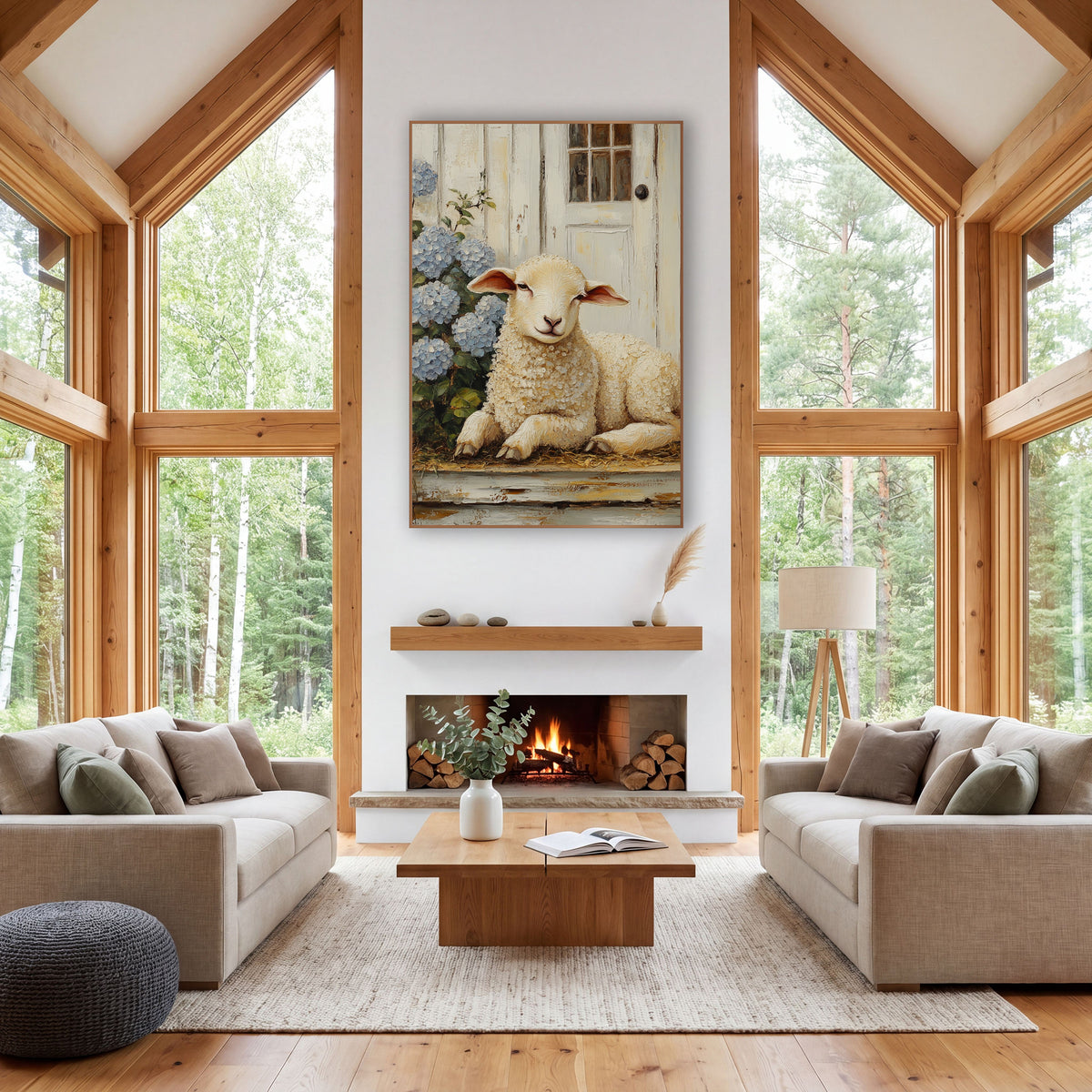 Resting Lamb Hydrangea Farmhouse wall art in a farmhouse-style room – cream lamb resting on a worn porch step