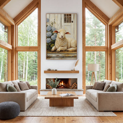 Resting Lamb Hydrangea Farmhouse wall art in a farmhouse-style room – cream lamb resting on a worn porch step