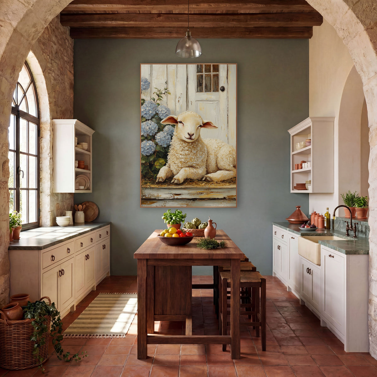 Resting Lamb Hydrangea Farmhouse wall art in a farmhouse-style room – cream lamb resting on a worn porch step