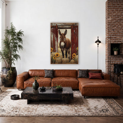 Red Barn Donkey Sunflower Rustic wall art in a farmhouse-style room – brown donkey standing in an open doorway between