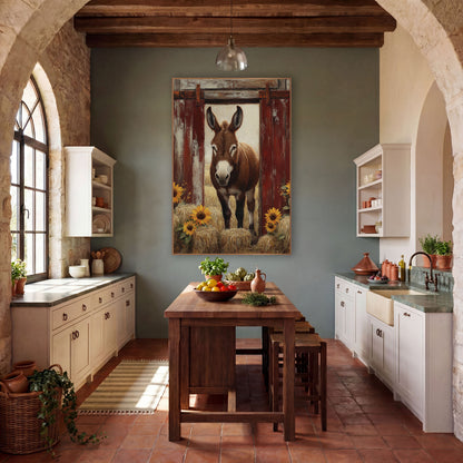 Red Barn Donkey Sunflower Rustic wall art in a farmhouse-style room – brown donkey standing in an open doorway between